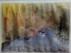 no. 3 - Iran (quarantine paintings, 2020) watercolor, oil, gesso on arches paper, 18x24" dedicated for Dr. Shirin Rouhani (unknown- 3/19/20) "She treated patients at Masih Daneshvari Hospital in Tehran while receiving IV therapy, because there were not enough doctors. Hospitals are faced with a lack of protective gear including medical gowns, N95 masks, gloves, and disinfectants.”  -Javad Tavakoli  " Tell medècin sans frontiers that we do not need hospitals established by foreigners”. -Health Minister, Alireza Vahhabzadeh.