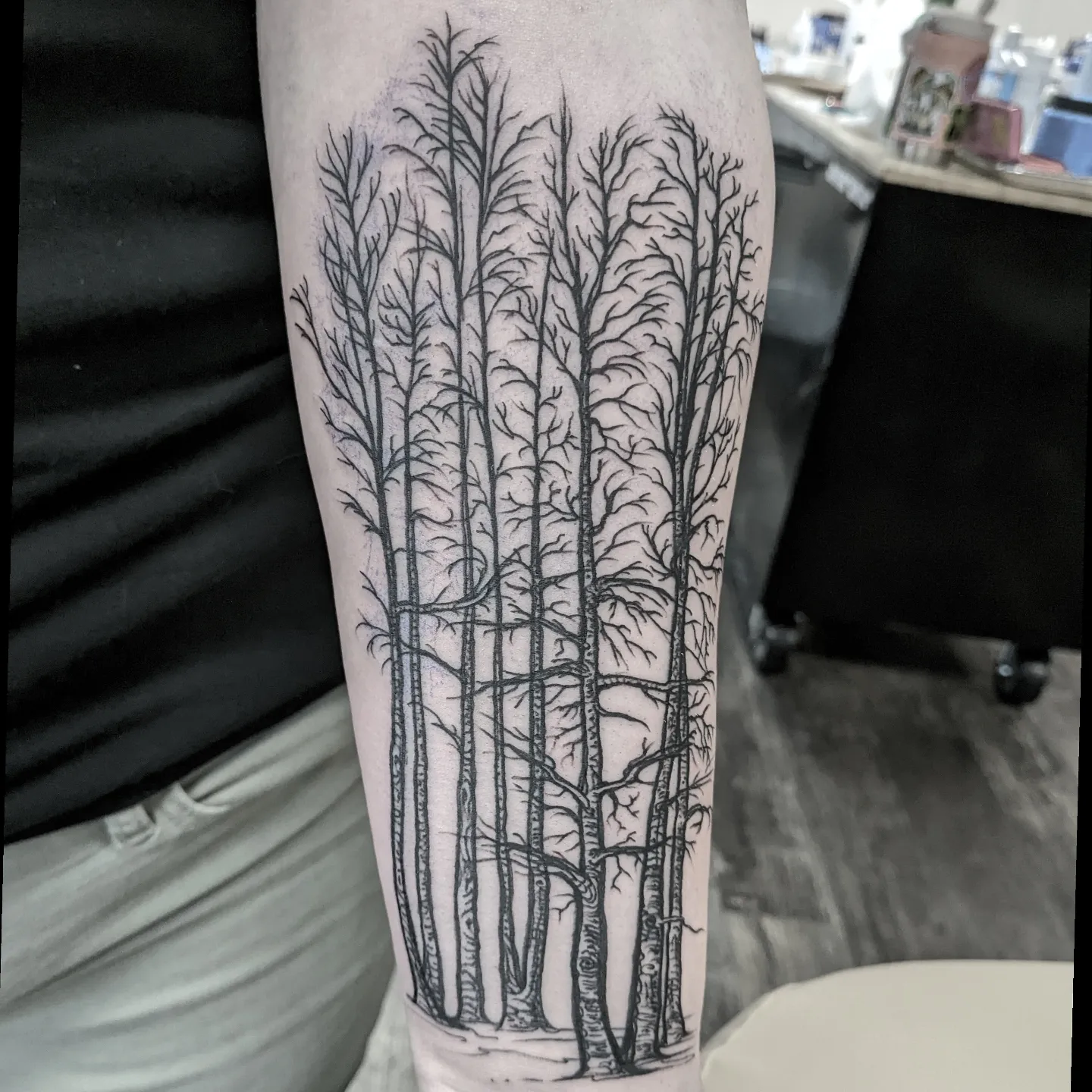 a tattoo on a forearm in black lines of a stand of birch trees